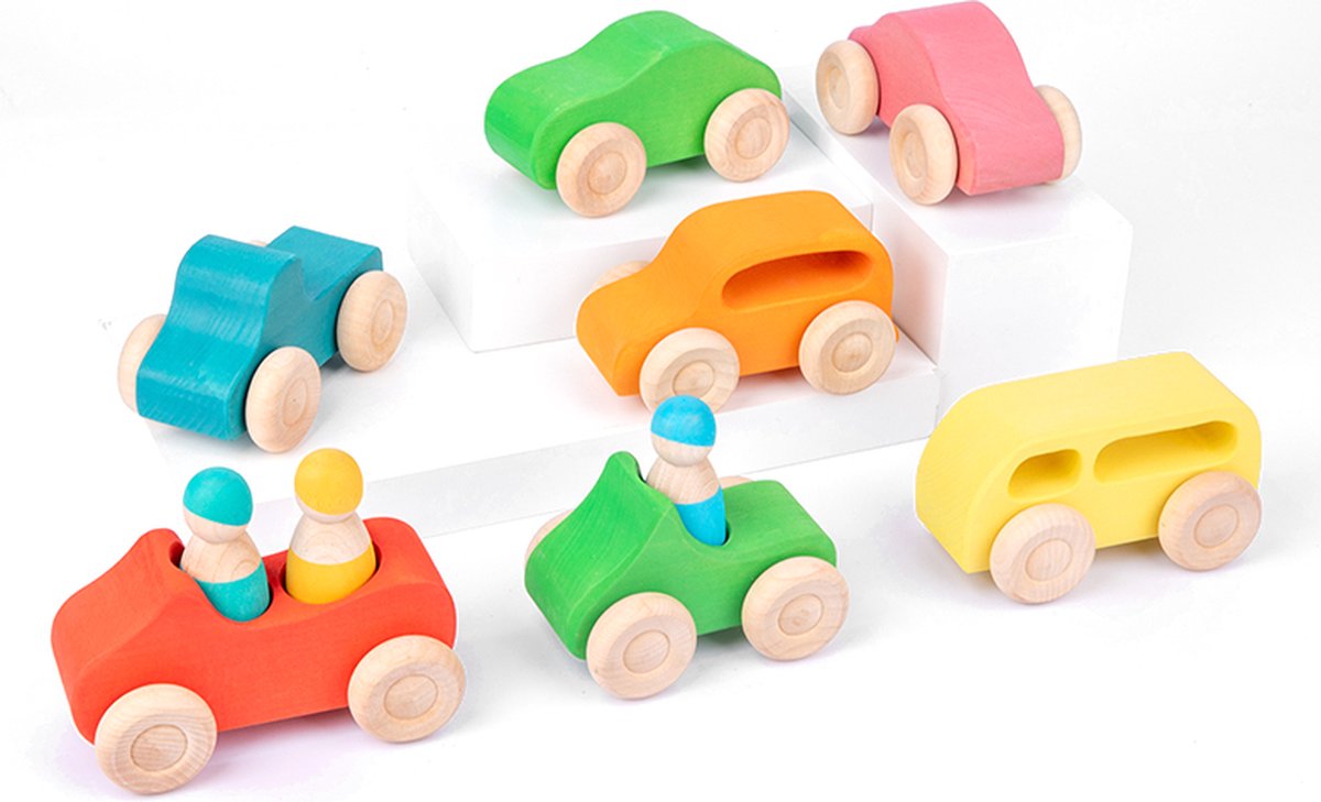LiasToys® - Auto Set 7-delig Montessori |7 Gekleurde Houten Autos + 3 Pegdolls - Houten speelgoed